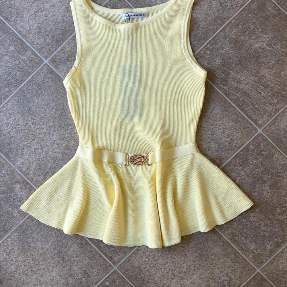 Galita Fashion Yellow Ribbed Knit Peplum Top L